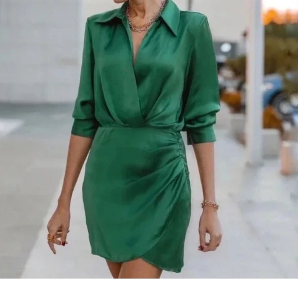 Zara Deep Green Satin Wrap-Style Dress